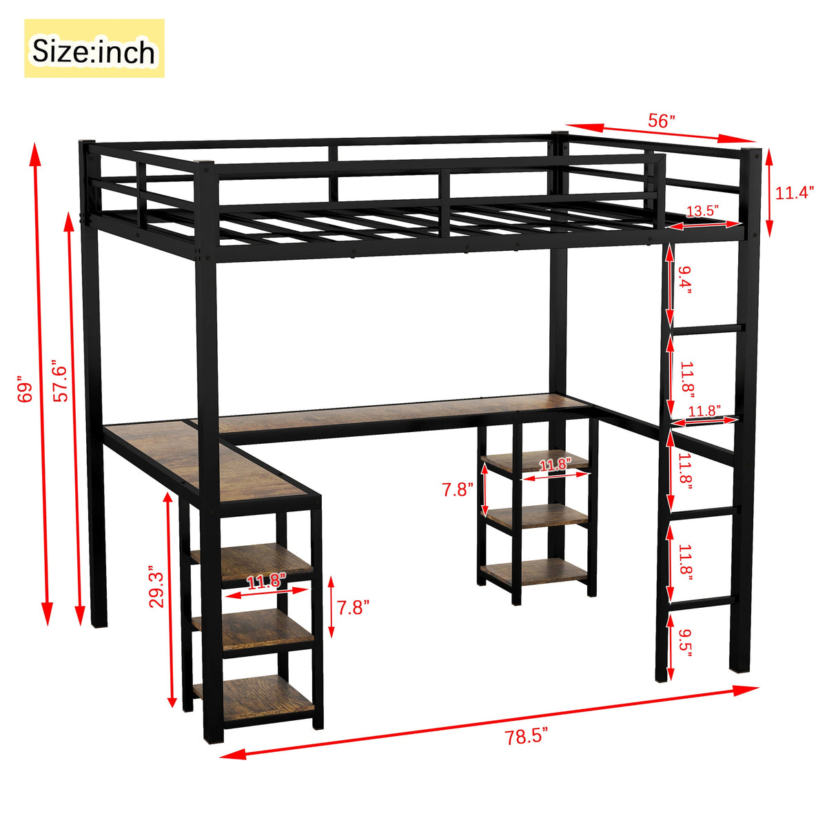 Metal Loft Bed with Desk and Shelves for Small Rooms