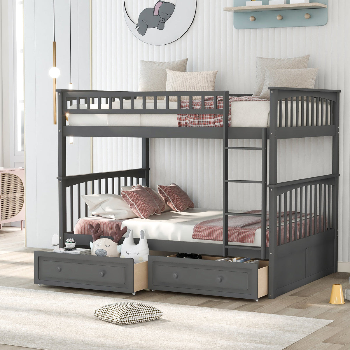 Full Over Full Wood Bunk Bed with Storage Drawers Gray