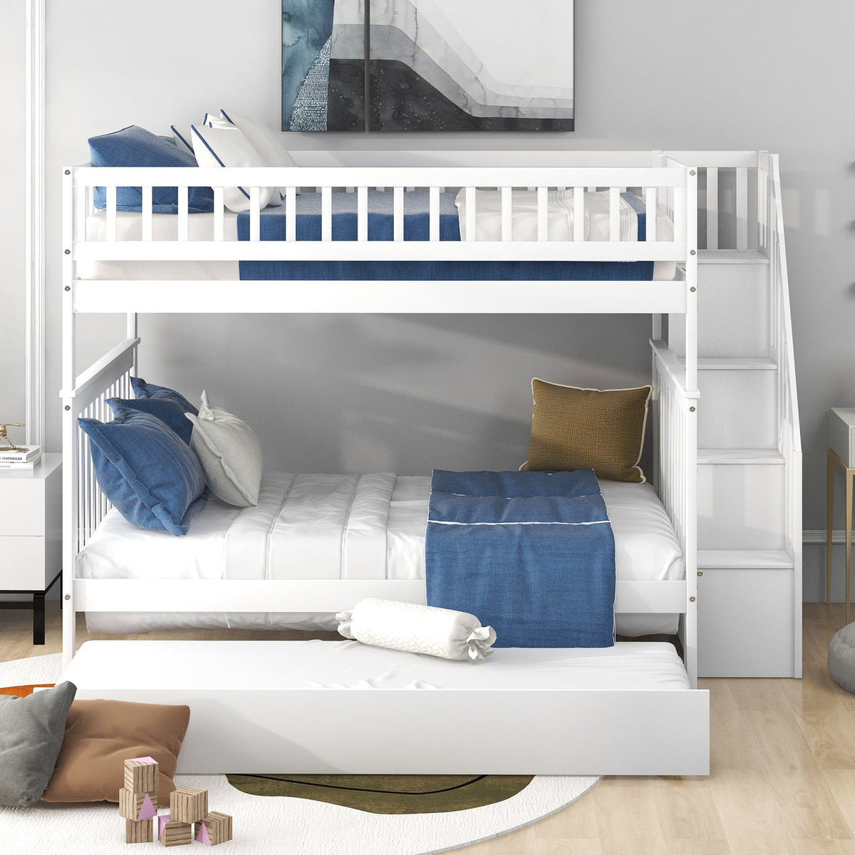 Full Over Full Bunk Bed with Trundle and Stairs