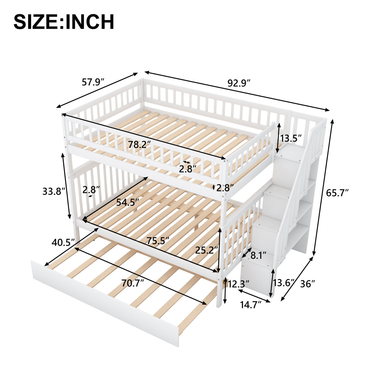 Full Over Full Bunk Bed with Trundle and Stairs