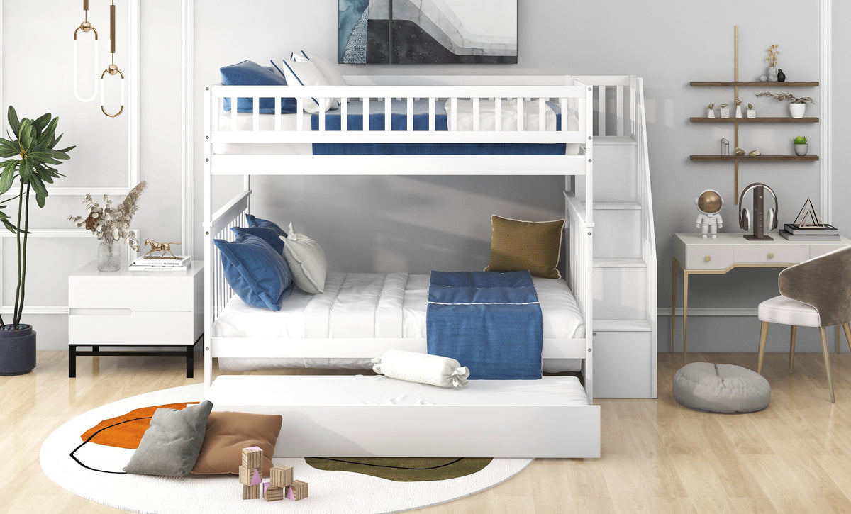 Full Over Full Bunk Bed with Trundle and Stairs