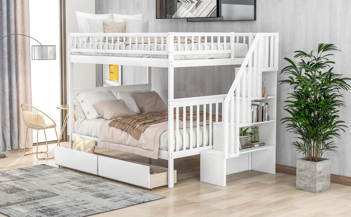 Full Over Full Bunk Bed with Stair Storage and Drawers