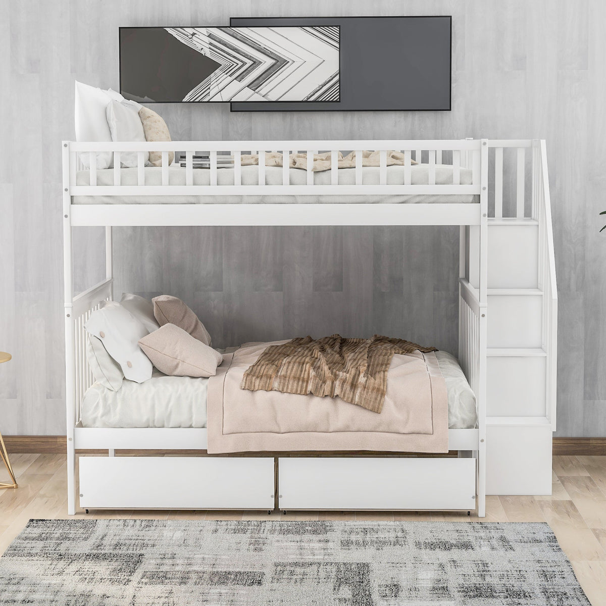 Full Over Full Bunk Bed with Stair Storage and Drawers