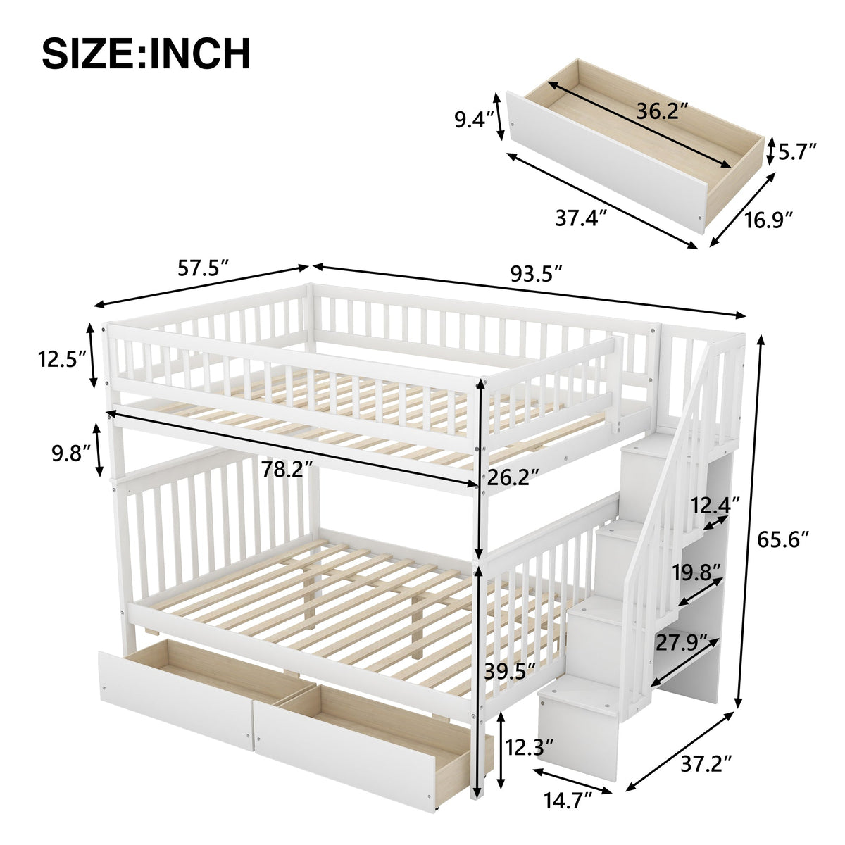 Full Over Full Bunk Bed with Stair Storage and Drawers