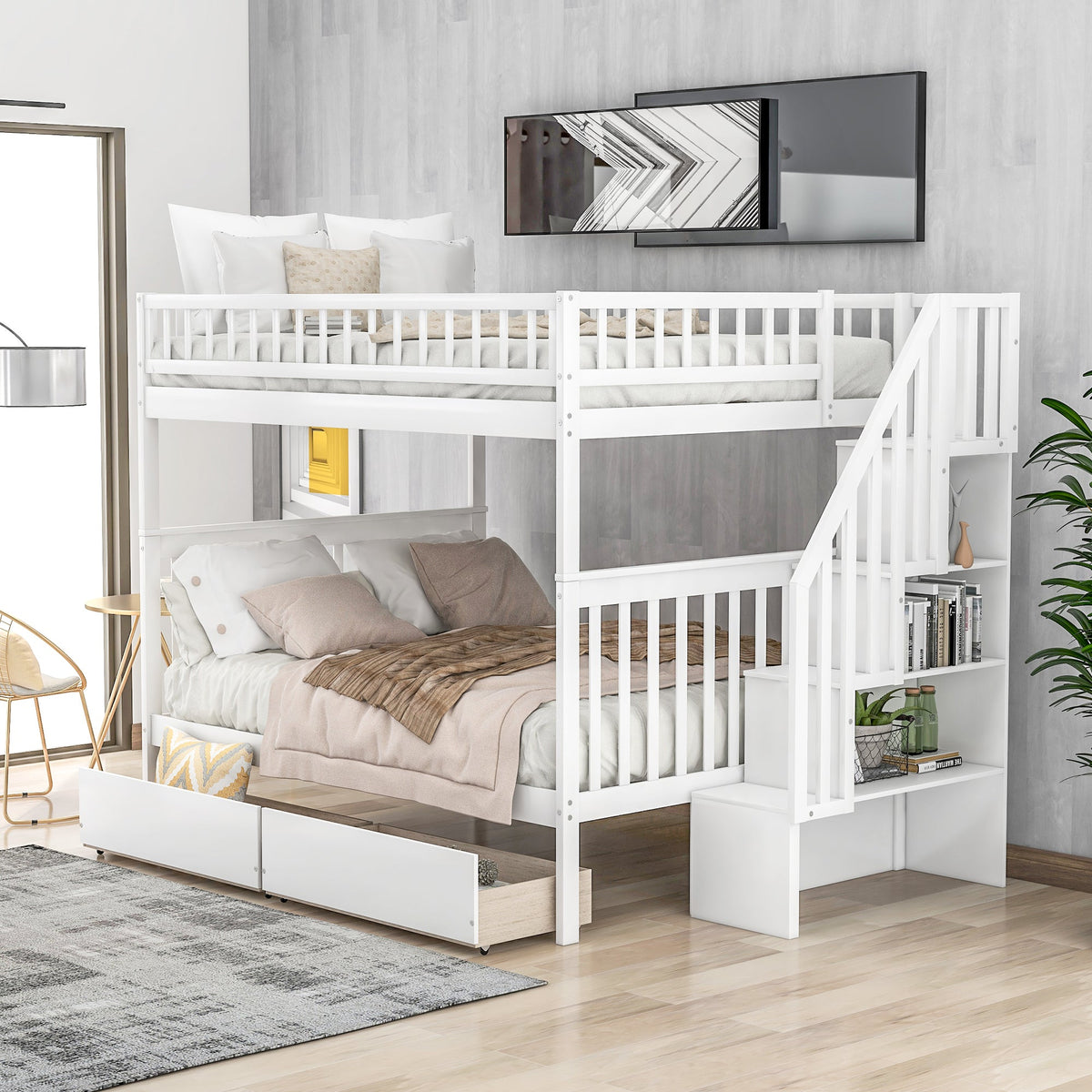 Full Over Full Bunk Bed with Stair Storage and Drawers