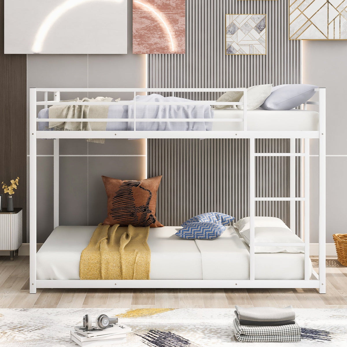 Full Over Full Metal Bunk Bed with Ladder and Guardrails