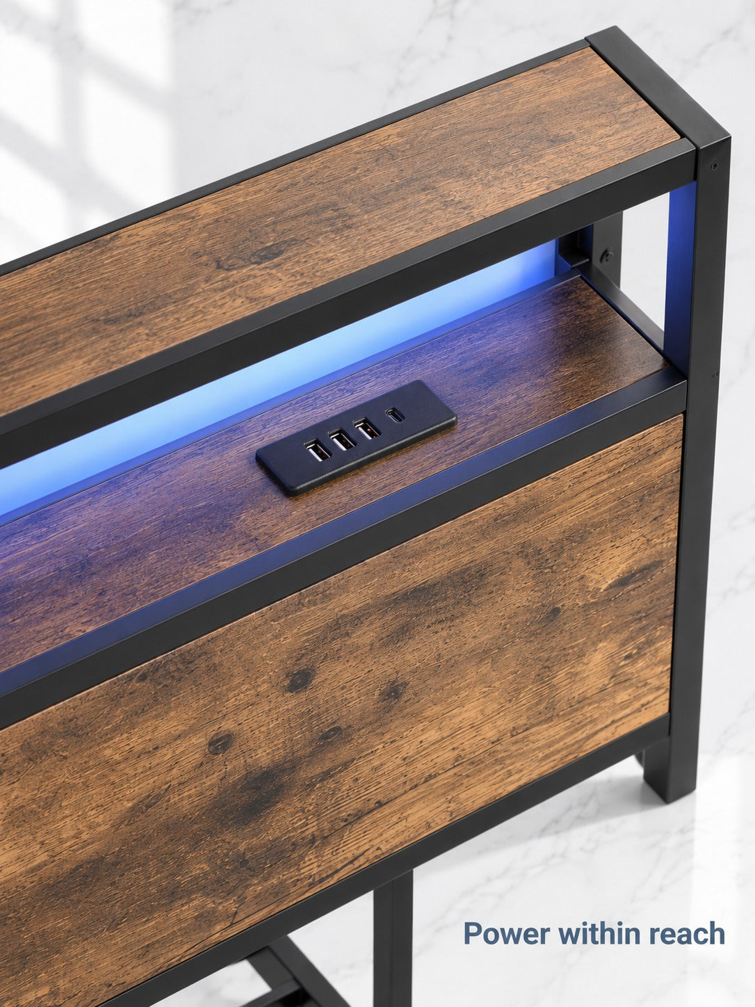 Full Size Bed Frame with Charging Station and LED Lights