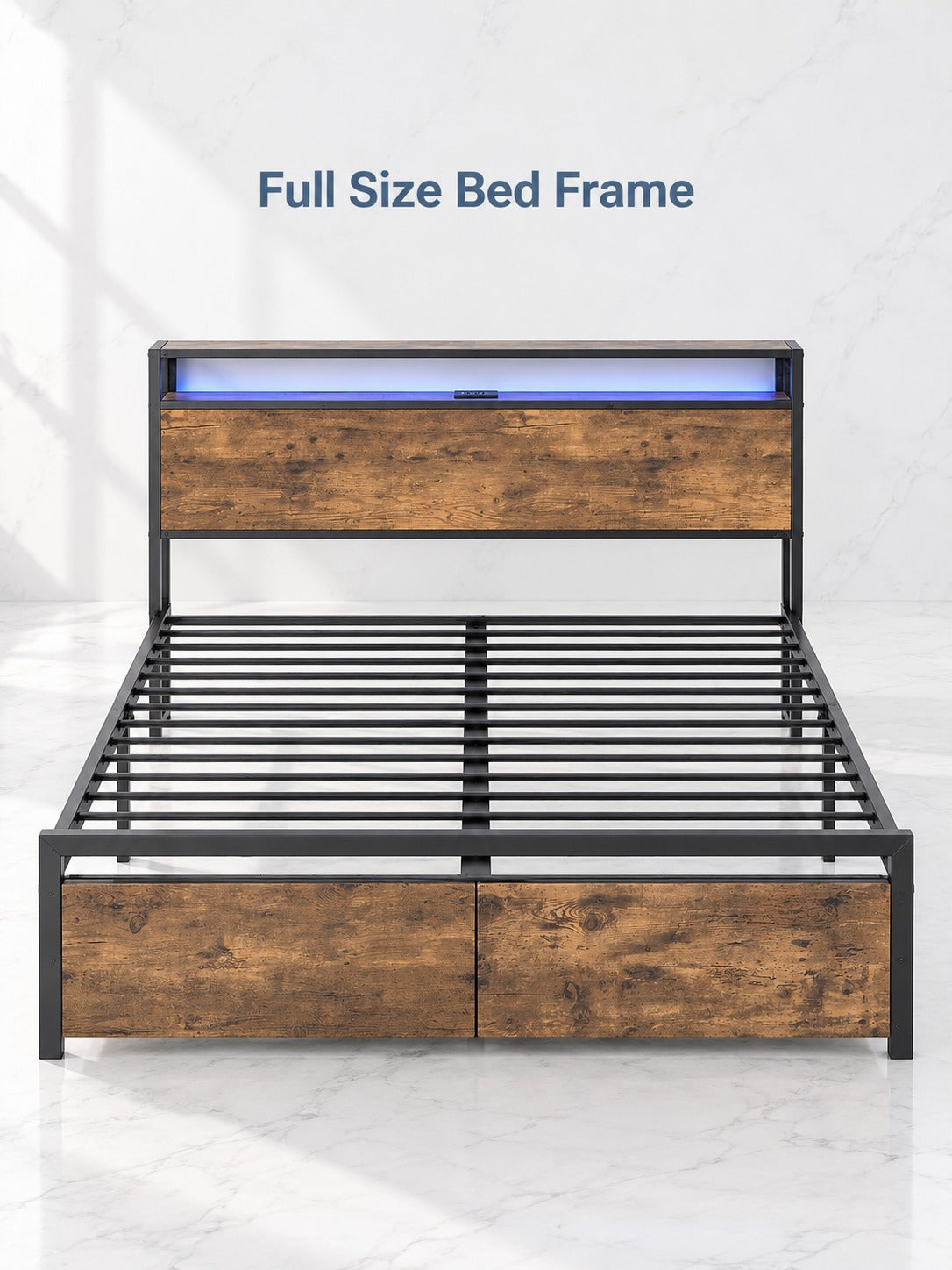 Full Size Bed Frame with Charging Station and LED Lights