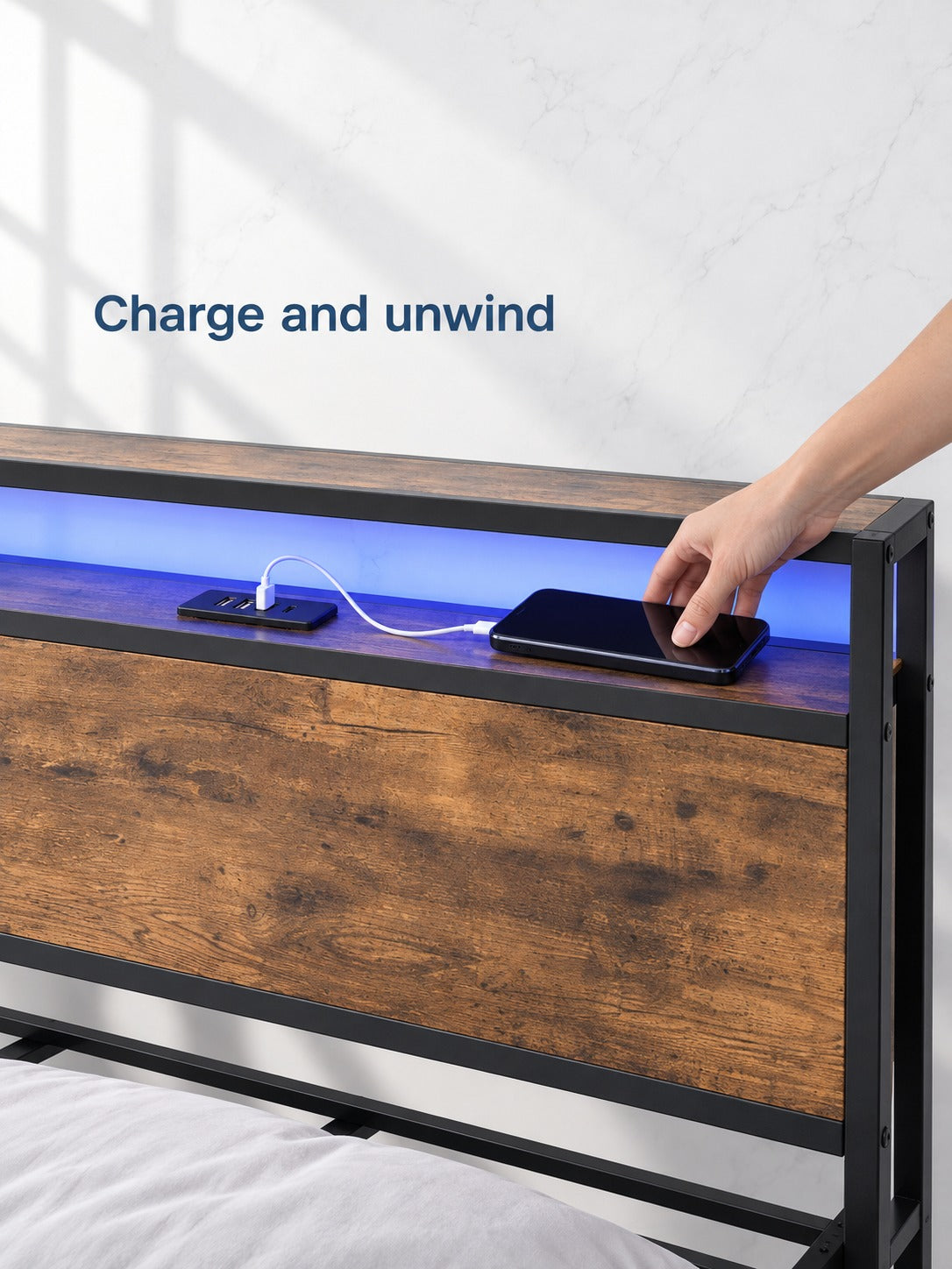 Full Size Bed Frame with Charging Station and LED Lights