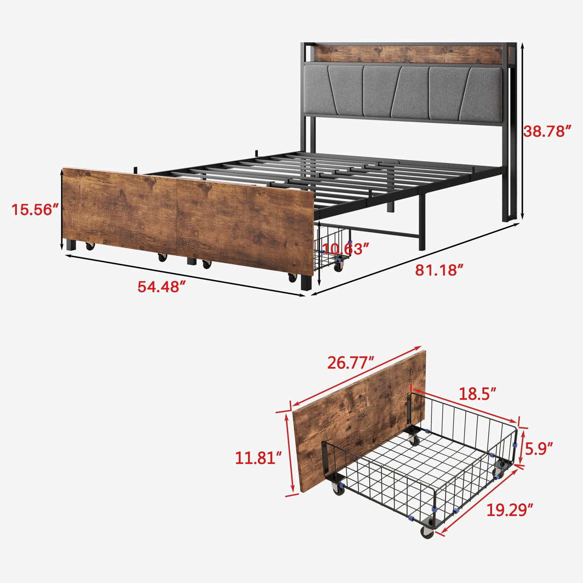 Full Size Storage Bed Frame with Charging Headboard