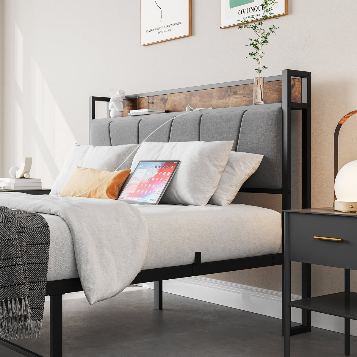 Full Size Storage Bed Frame with Charging Headboard