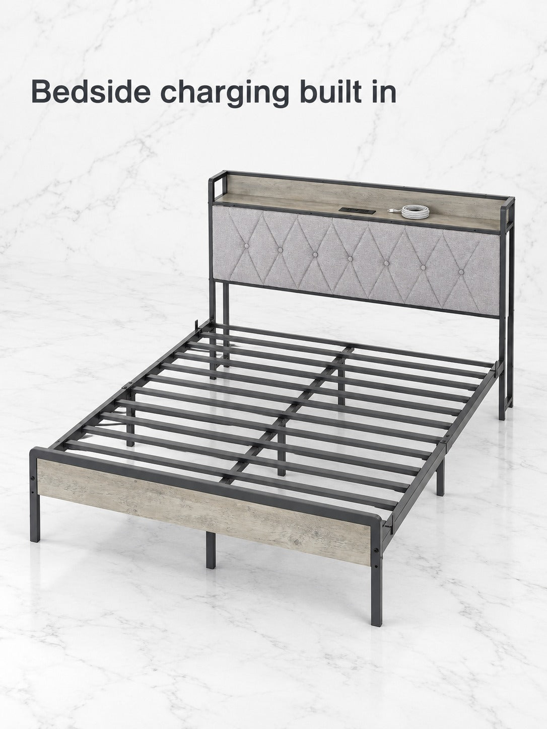 Full Size Bed Frame with Charging Station & Headboard