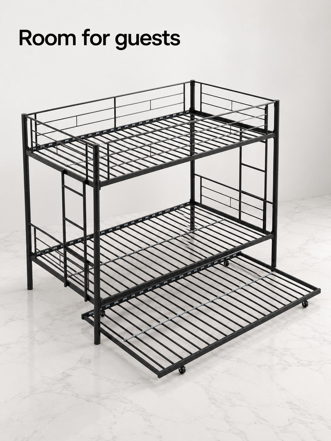 Full-Size Black Metal Bunk Bed with Pull-Out Trundle