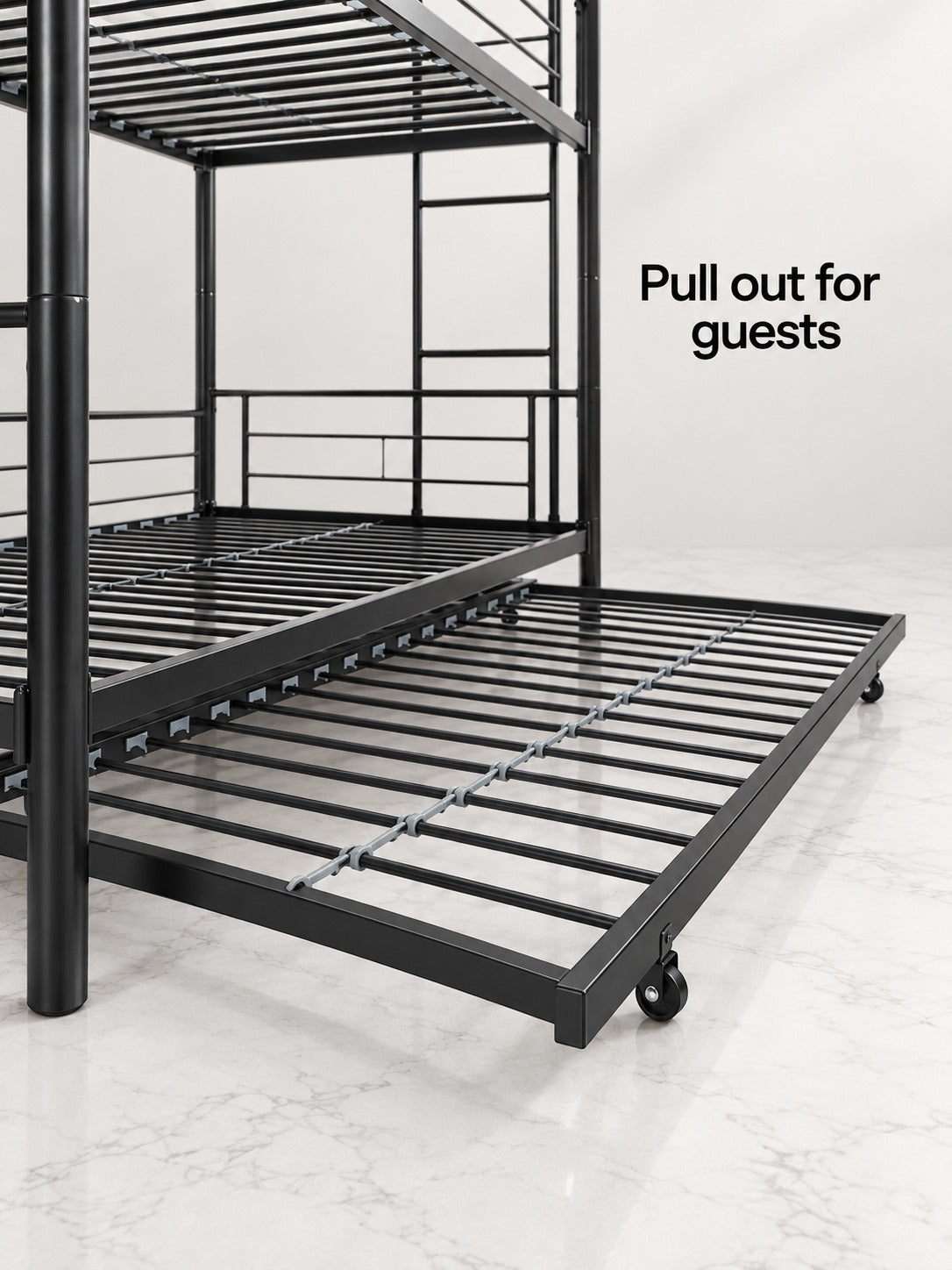 Full-Size Black Metal Bunk Bed with Pull-Out Trundle