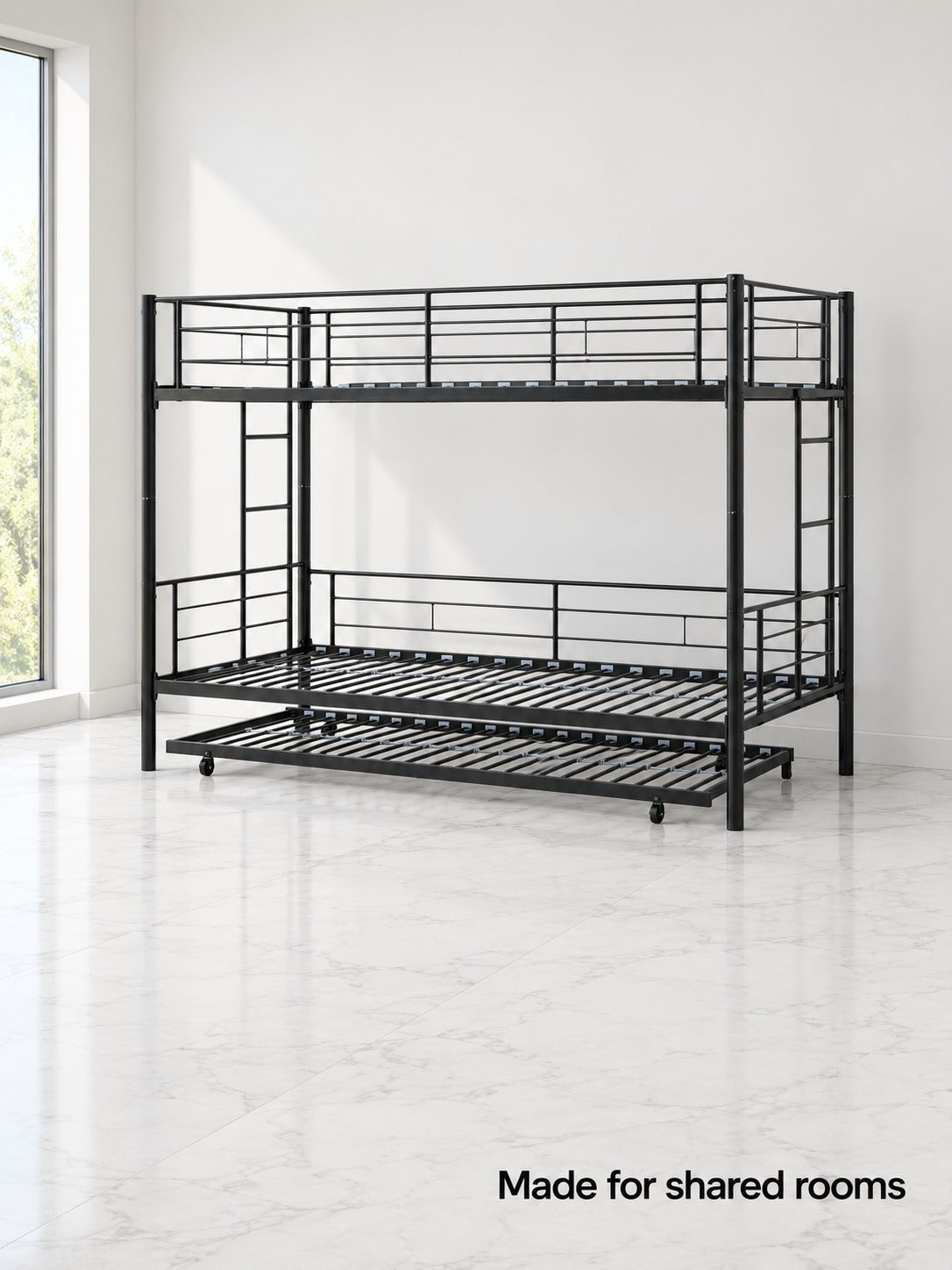 Full-Size Black Metal Bunk Bed with Pull-Out Trundle