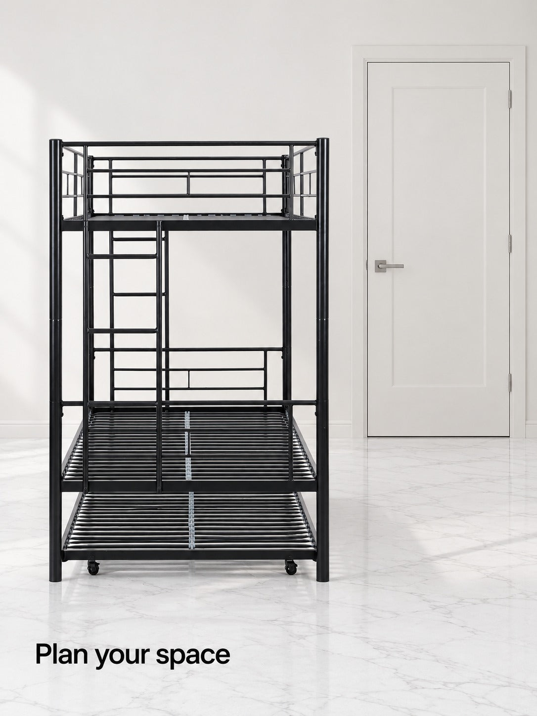 Full-Size Black Metal Bunk Bed with Pull-Out Trundle