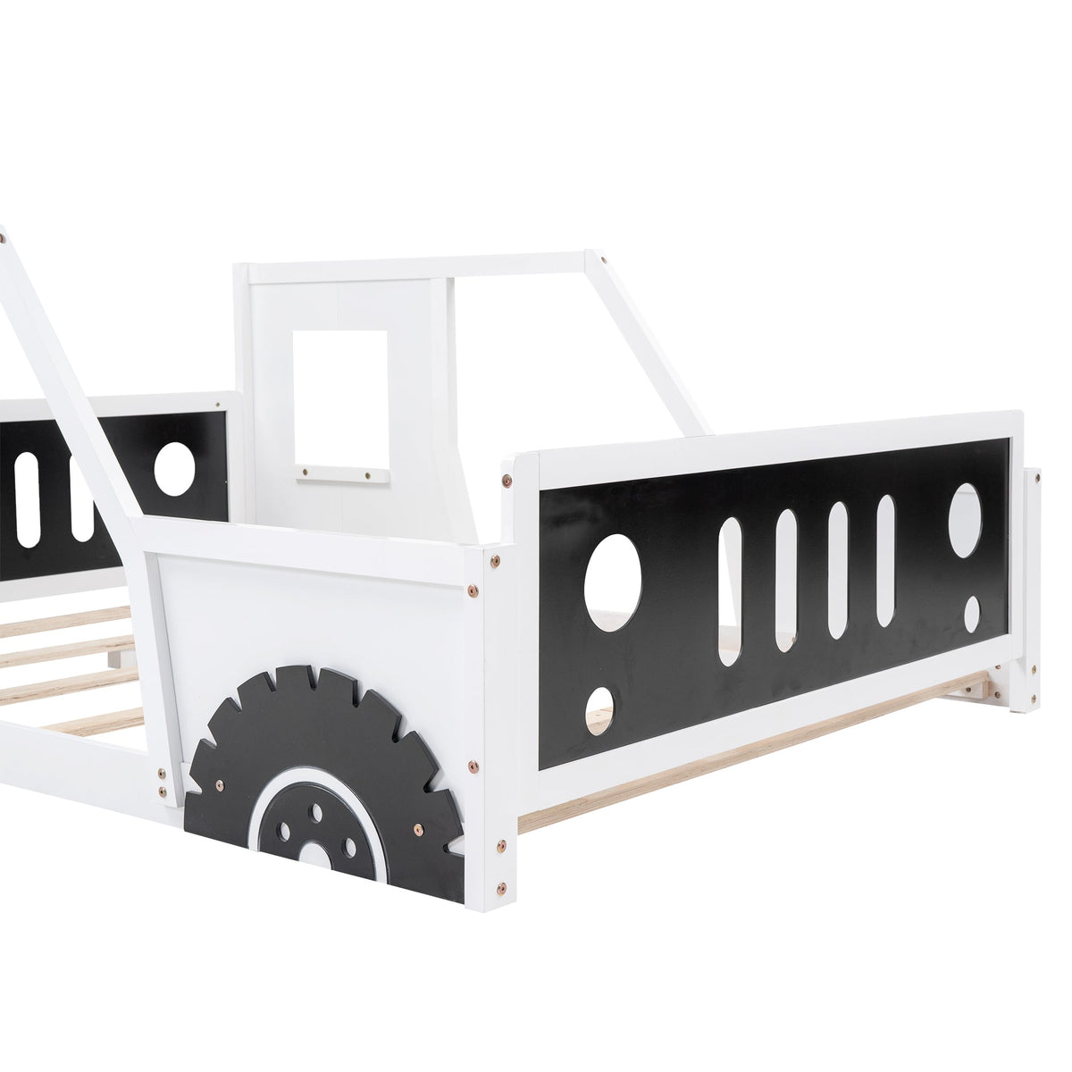 Full Size Kids Car Bed With Wheels, White Wood Frame