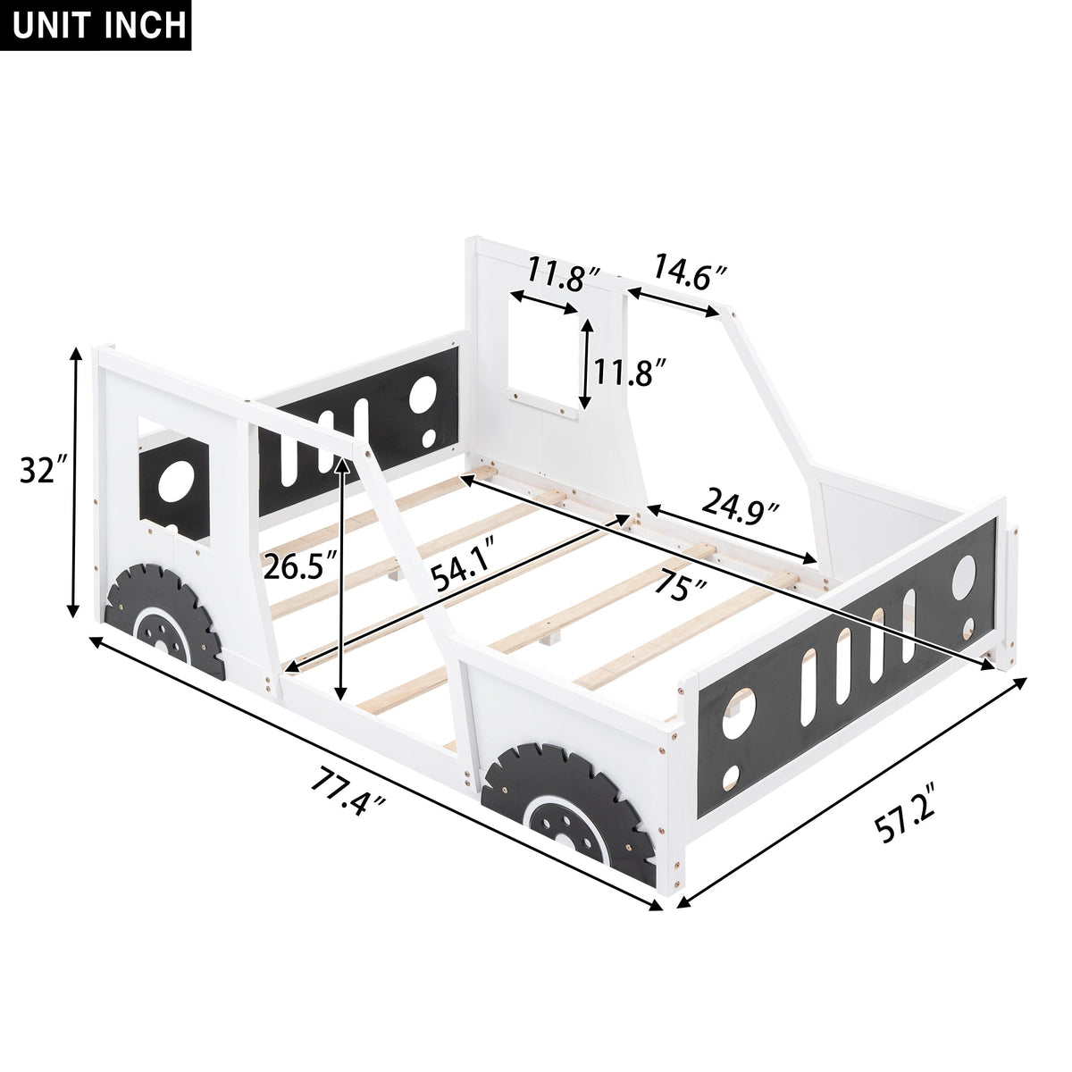 Full Size Kids Car Bed With Wheels, White Wood Frame