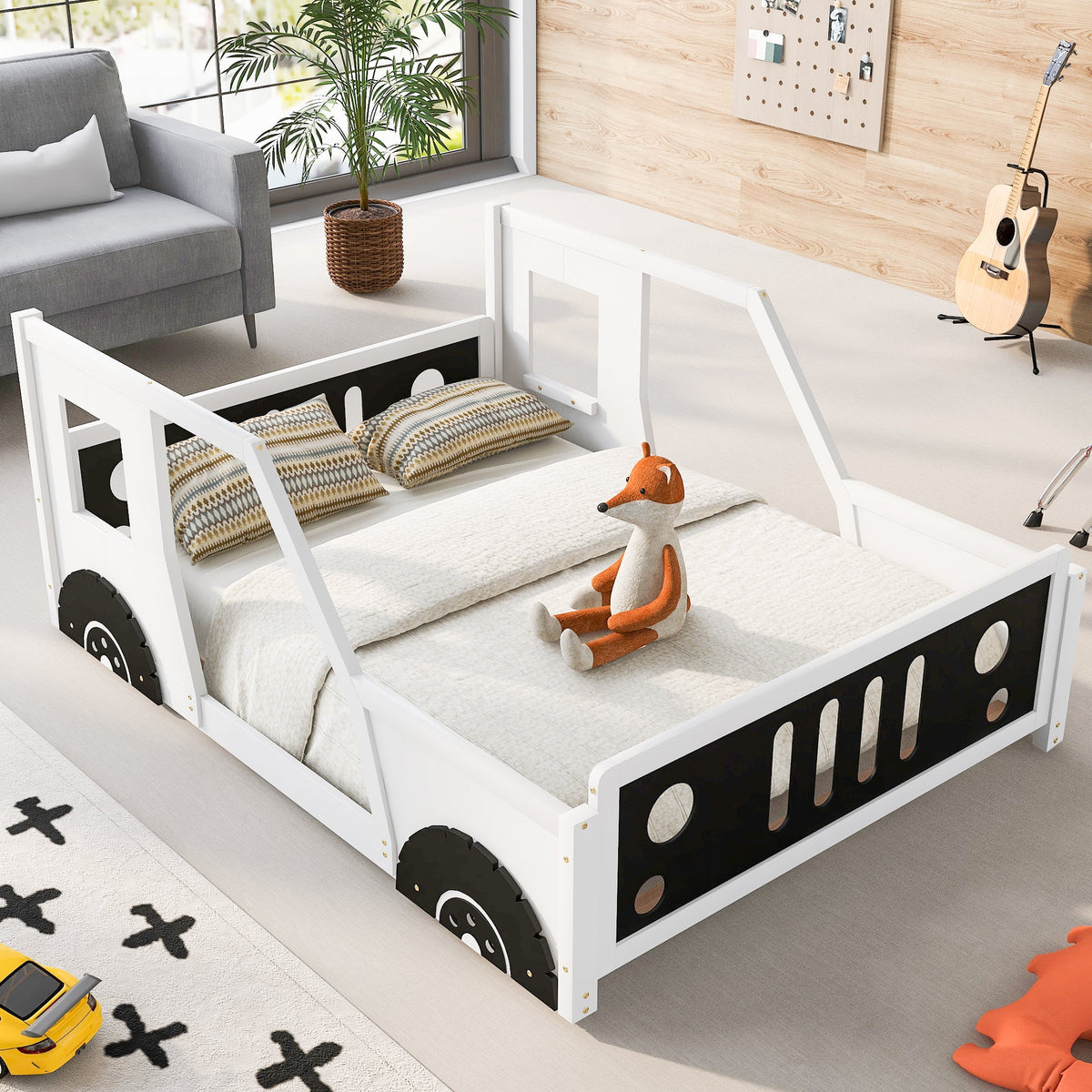 Full Size Kids Car Bed With Wheels, White Wood Frame