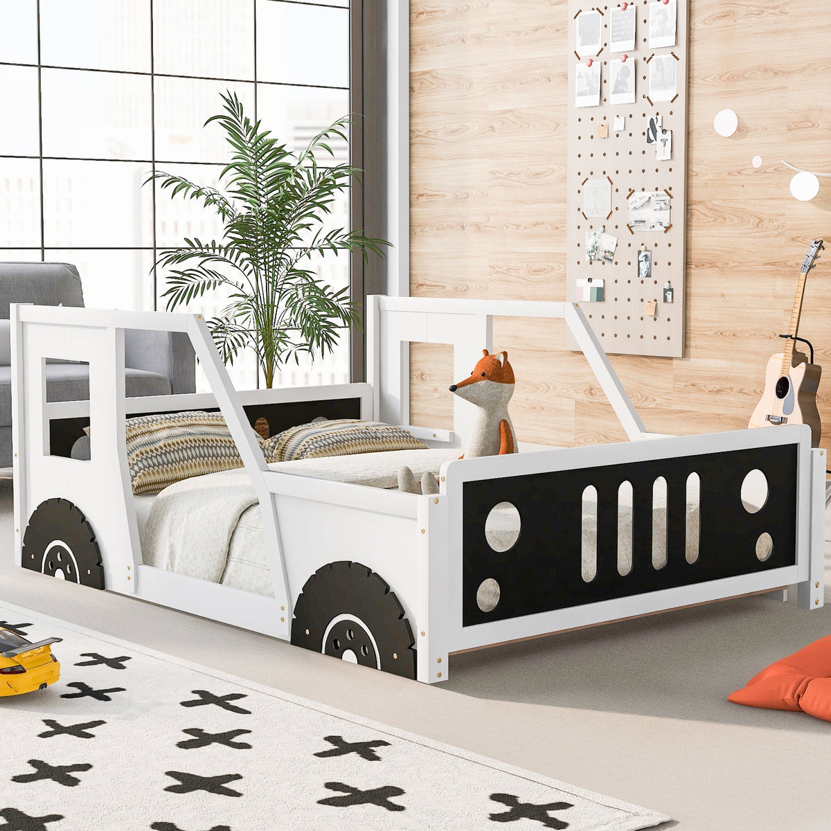 Full Size Kids Car Bed With Wheels, White Wood Frame