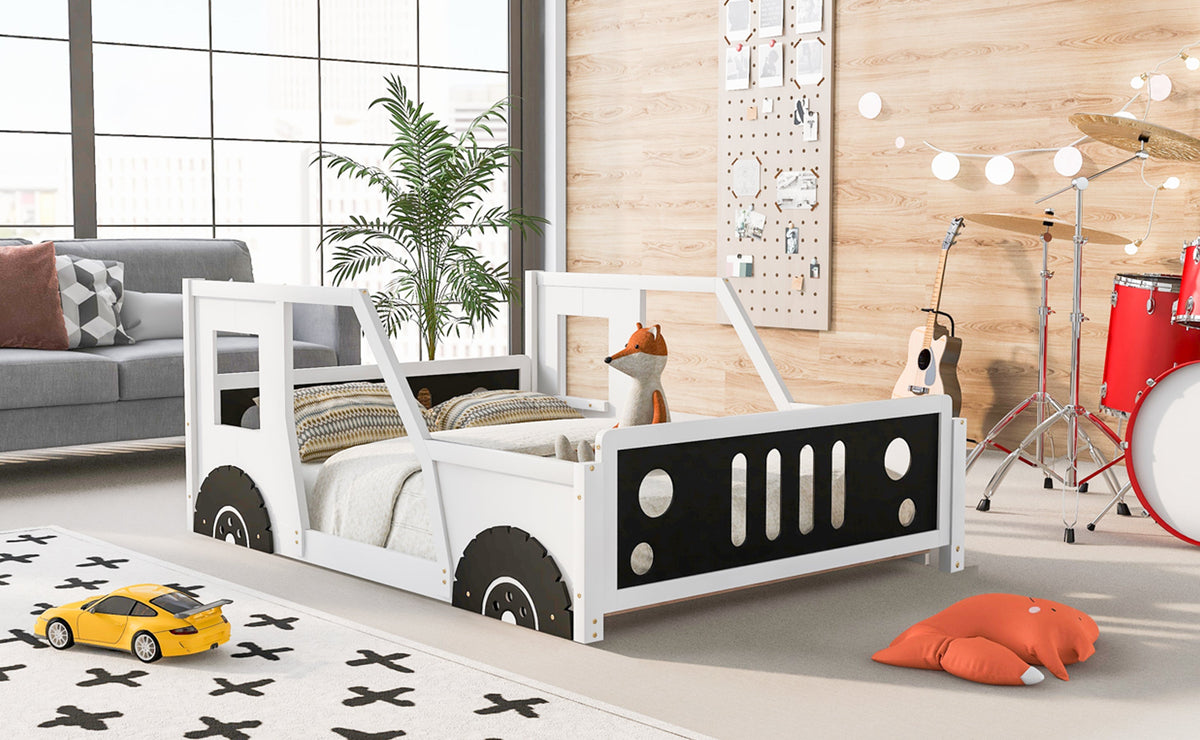 Full Size Kids Car Bed With Wheels, White Wood Frame