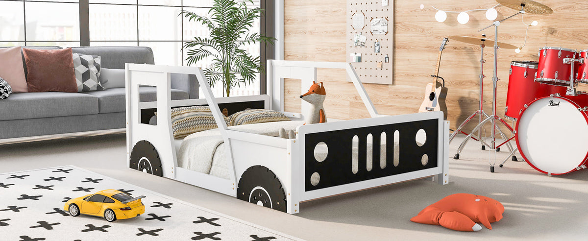 Full Size Kids Car Bed With Wheels, White Wood Frame