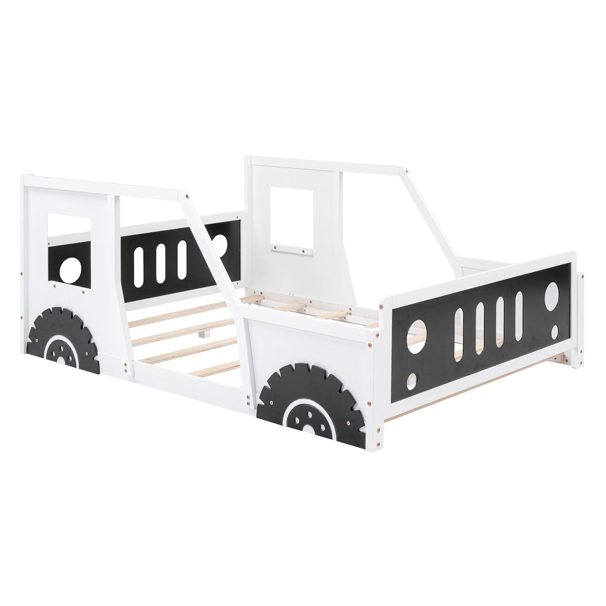Full Size Kids Car Bed With Wheels, White Wood Frame