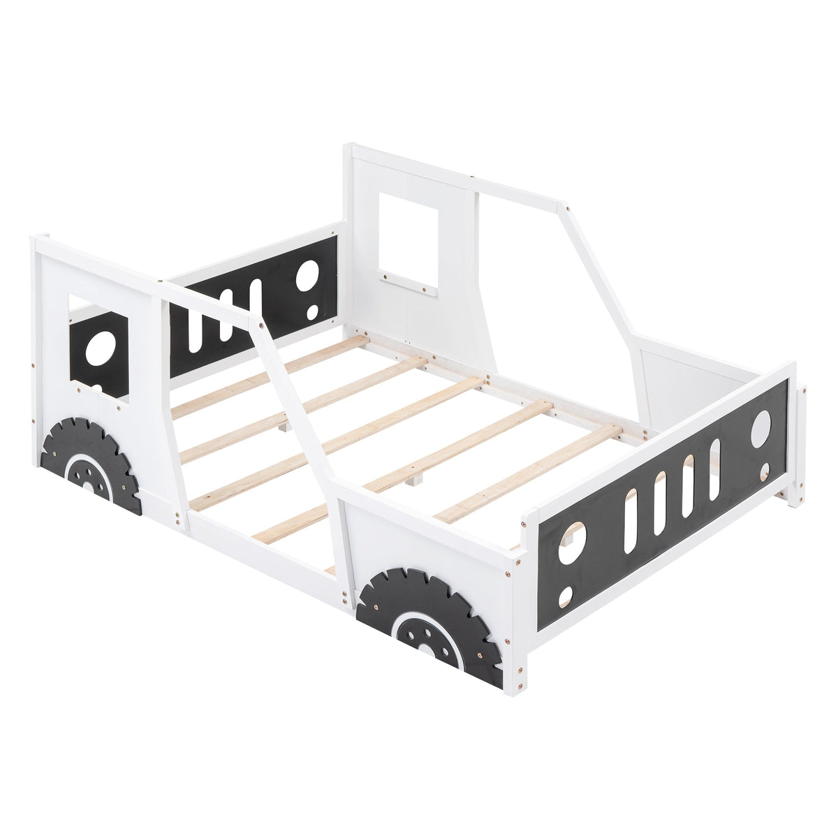 Full Size Kids Car Bed With Wheels, White Wood Frame