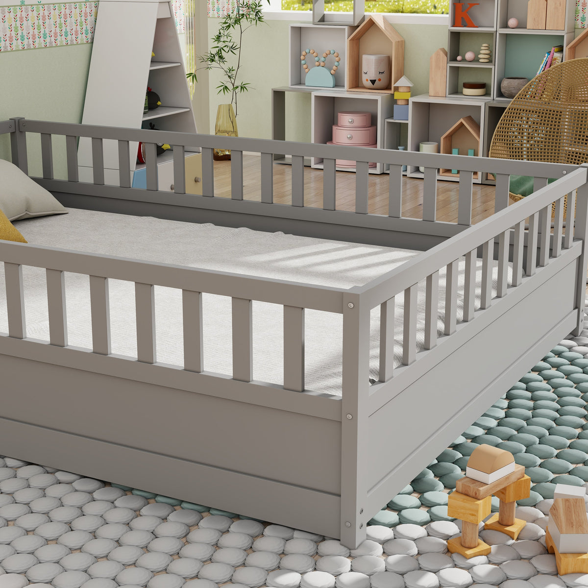 Full Size Montessori Floor Bed with Safety Guard Rails