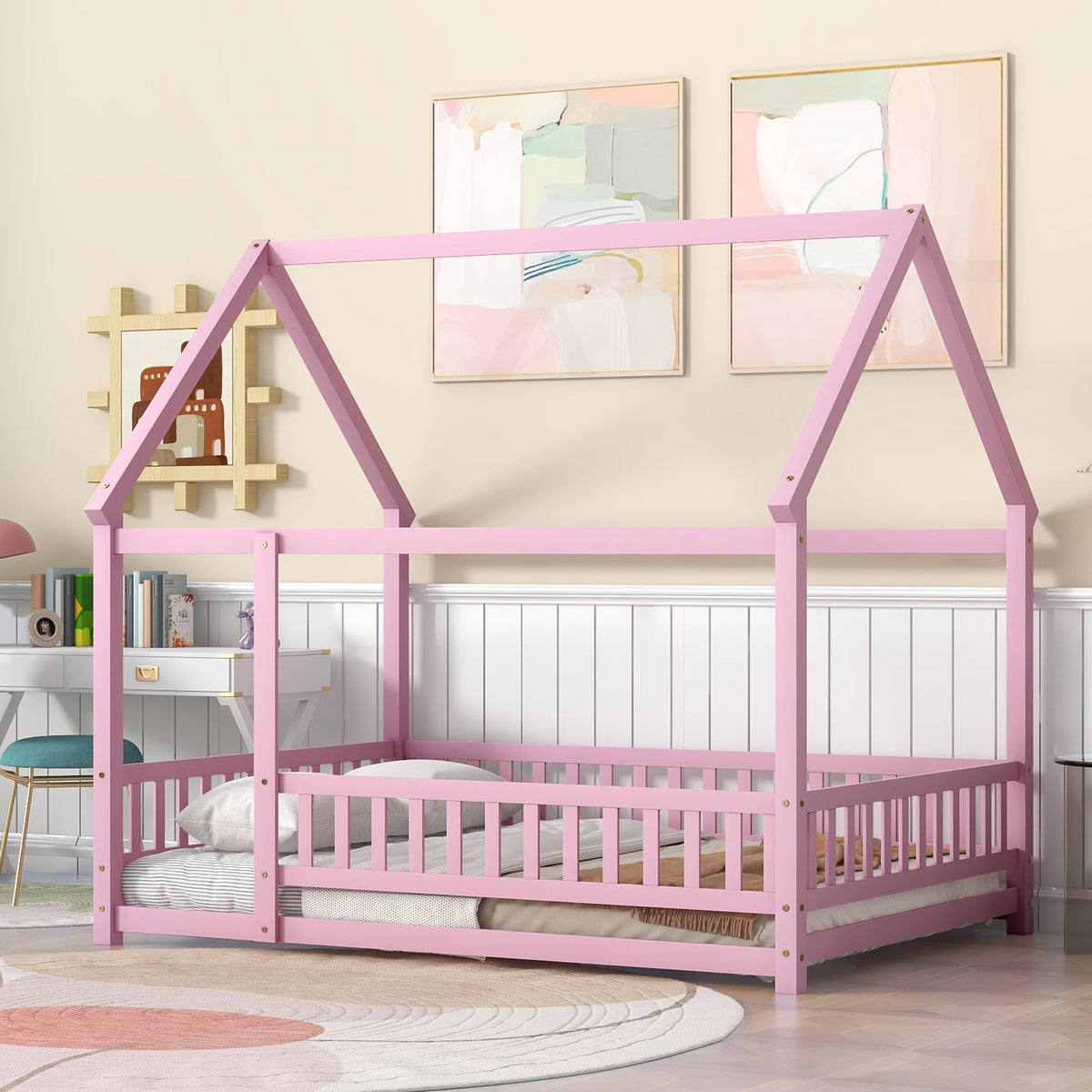 Full Size Pink Wooden House Bed for Kids with Guardrails