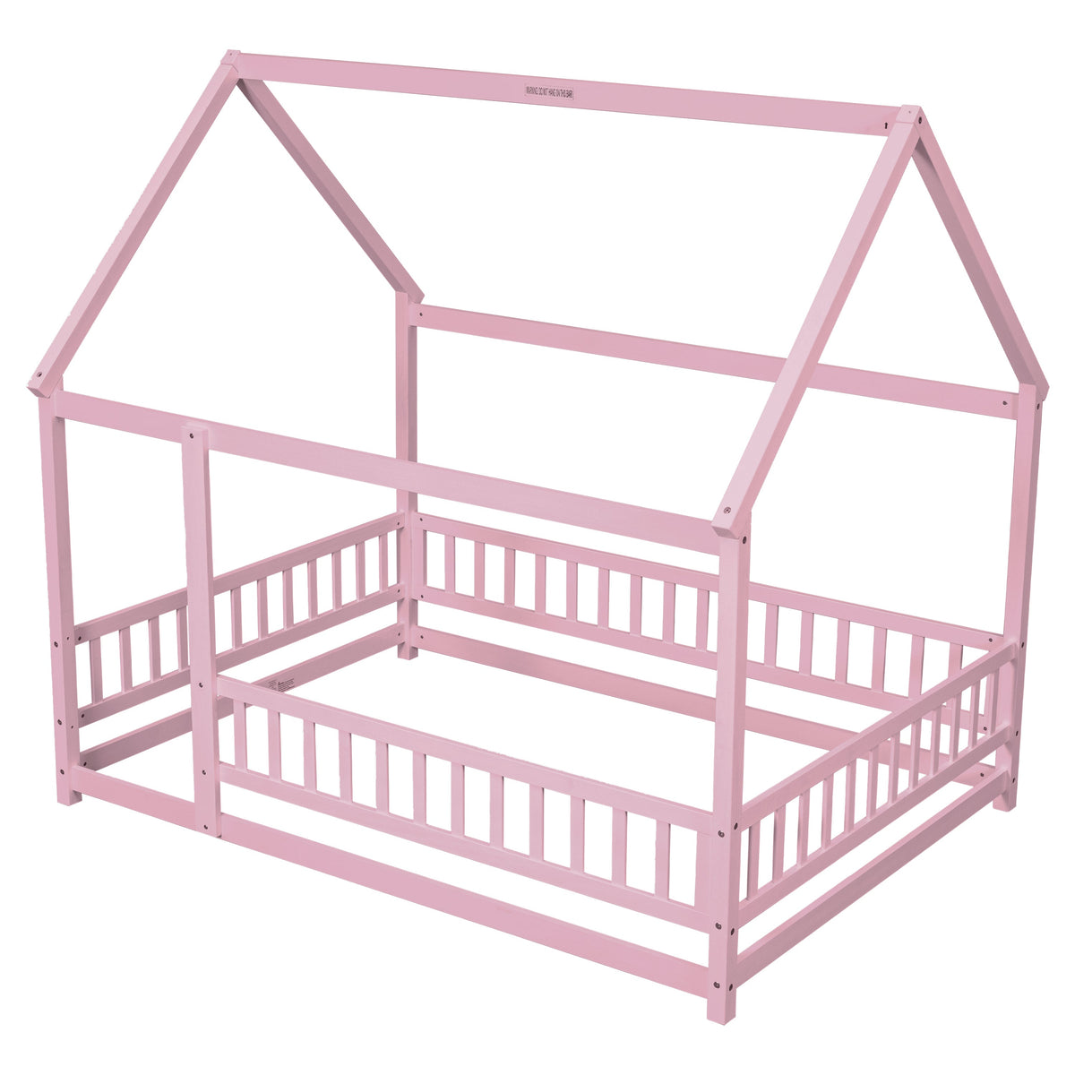Full Size Pink Wooden House Bed for Kids with Guardrails