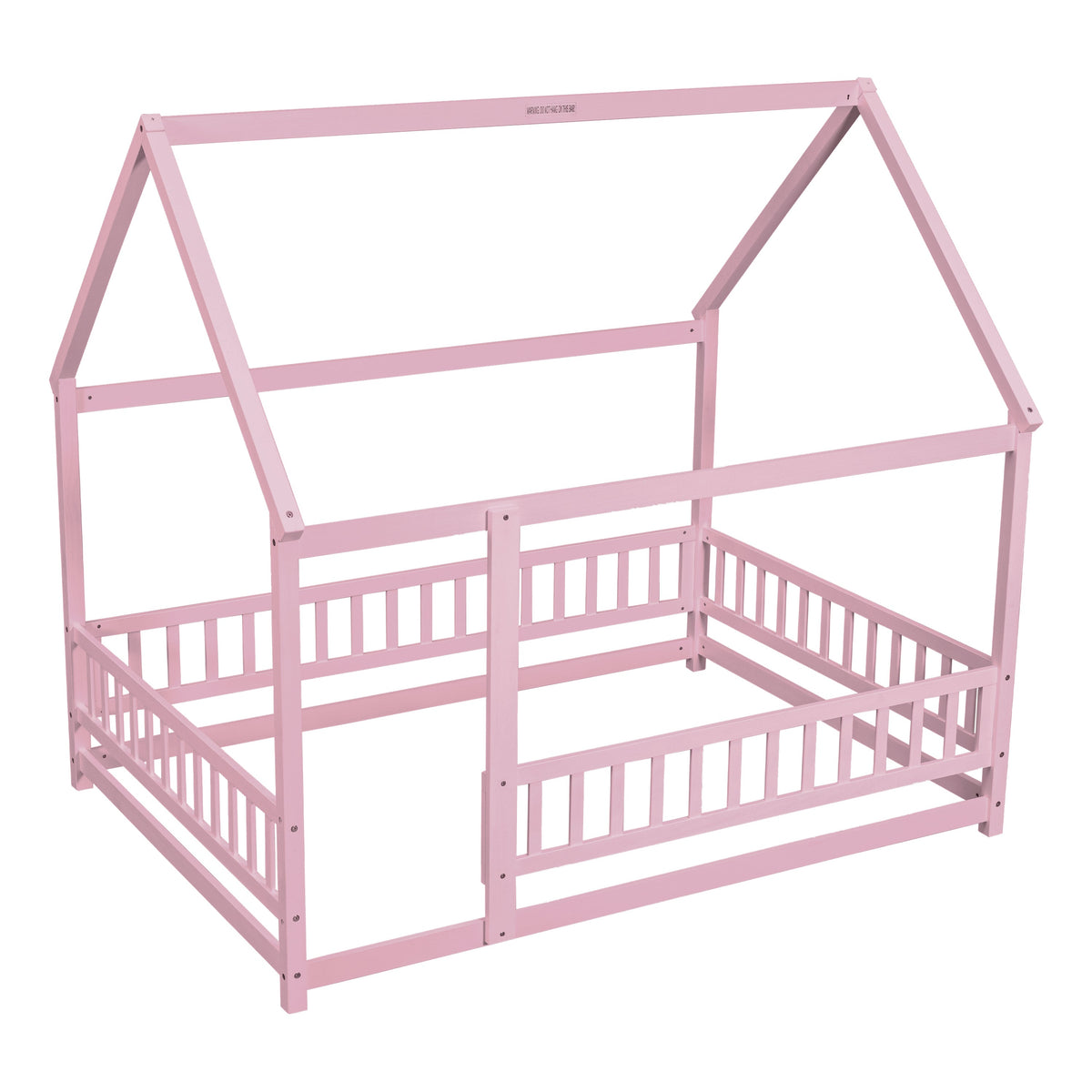 Full Size Pink Wooden House Bed for Kids with Guardrails