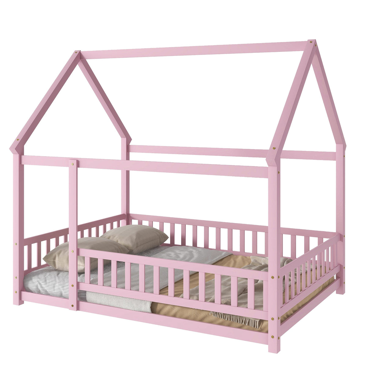 Full Size Pink Wooden House Bed for Kids with Guardrails