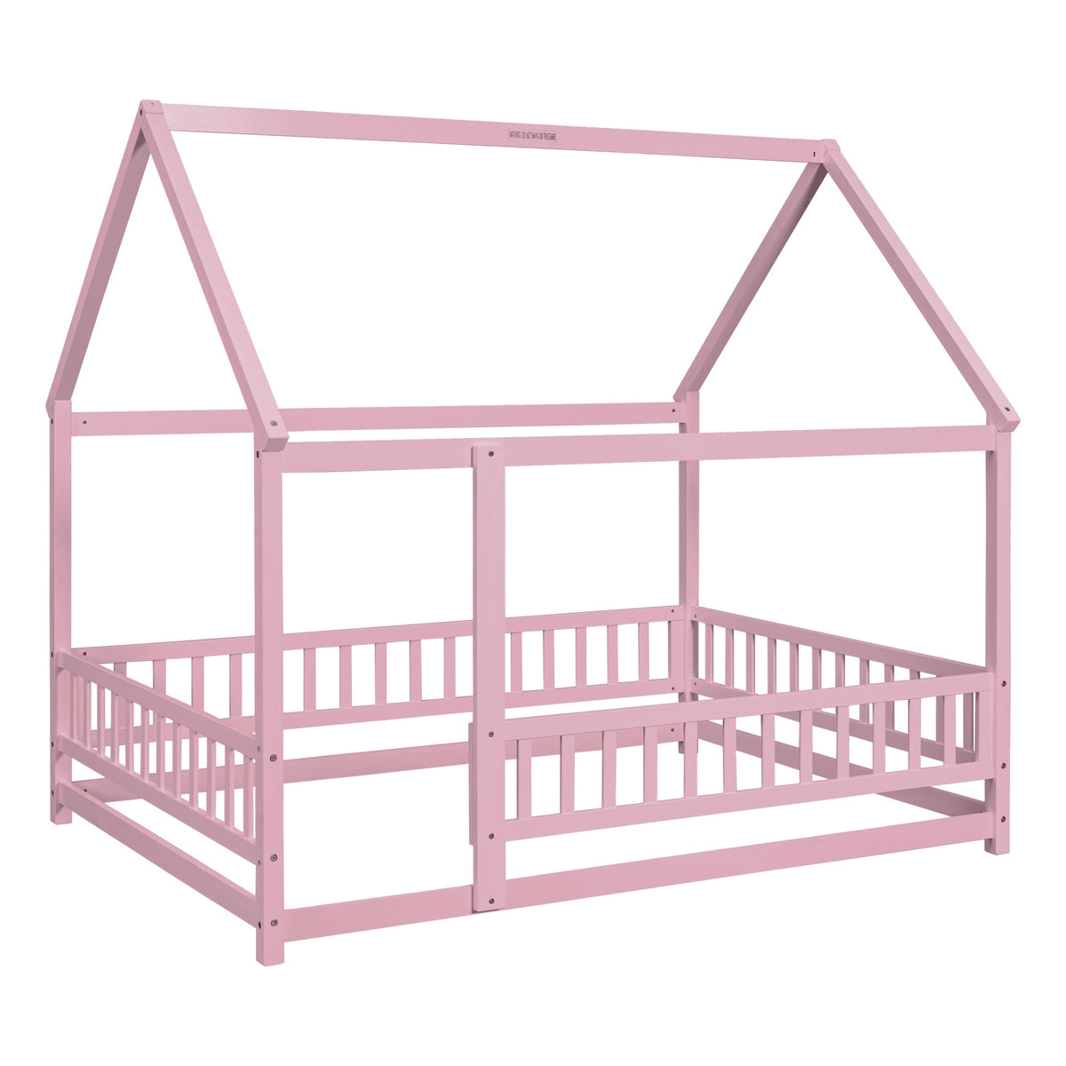 Full Size Pink Wooden House Bed for Kids with Guardrails