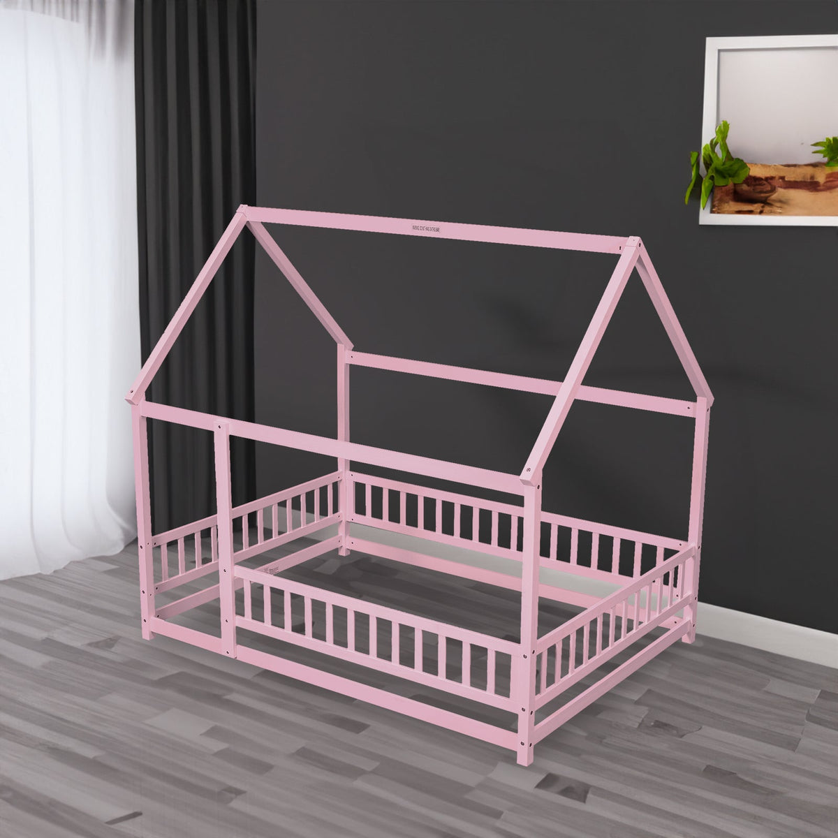 Full Size Pink Wooden House Bed for Kids with Guardrails