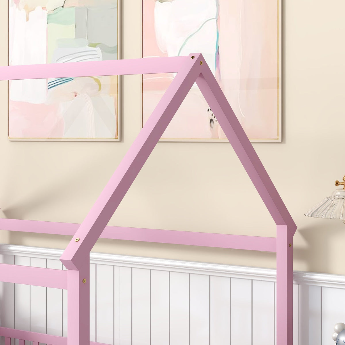 Full Size Pink Wooden House Bed for Kids with Guardrails