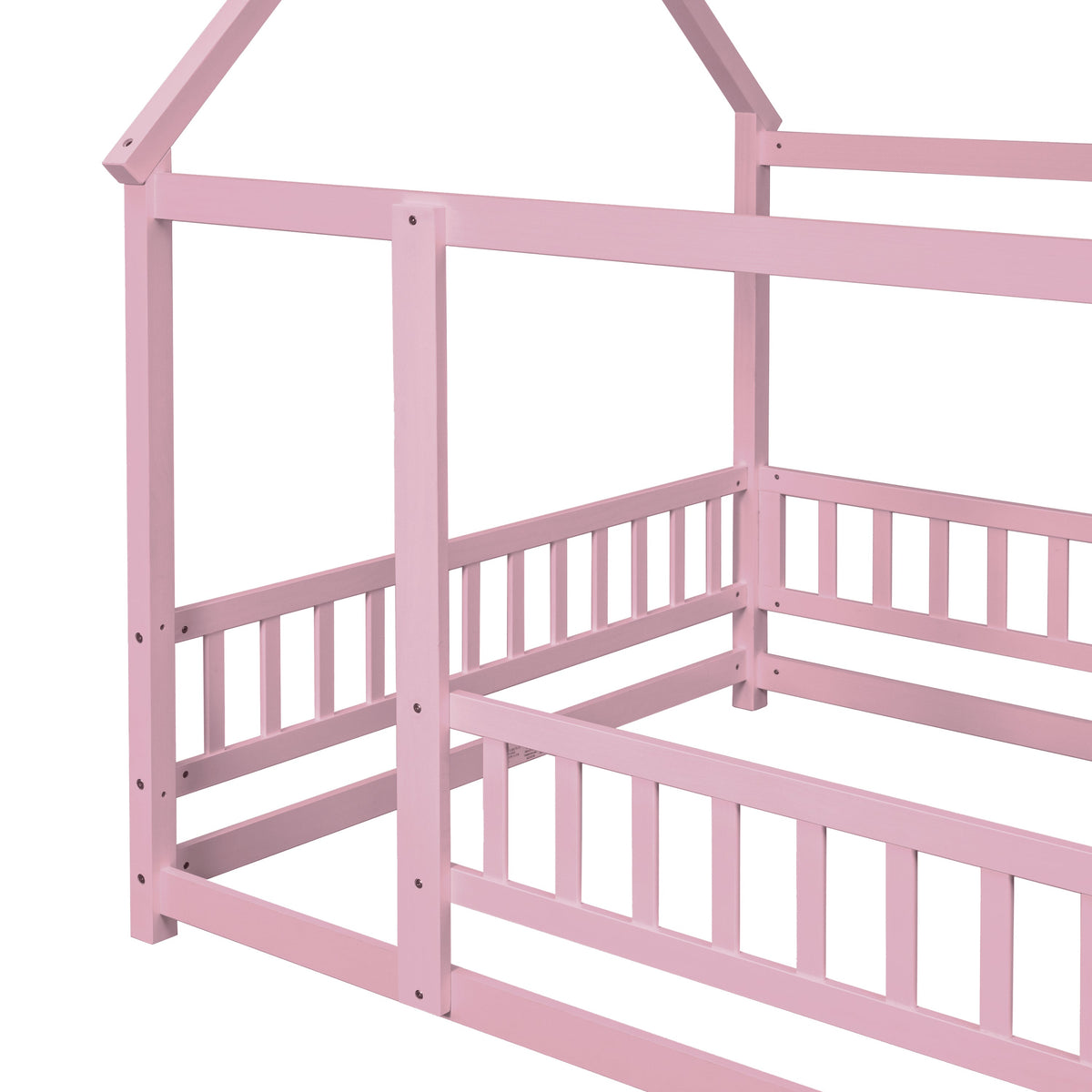 Full Size Pink Wooden House Bed for Kids with Guardrails