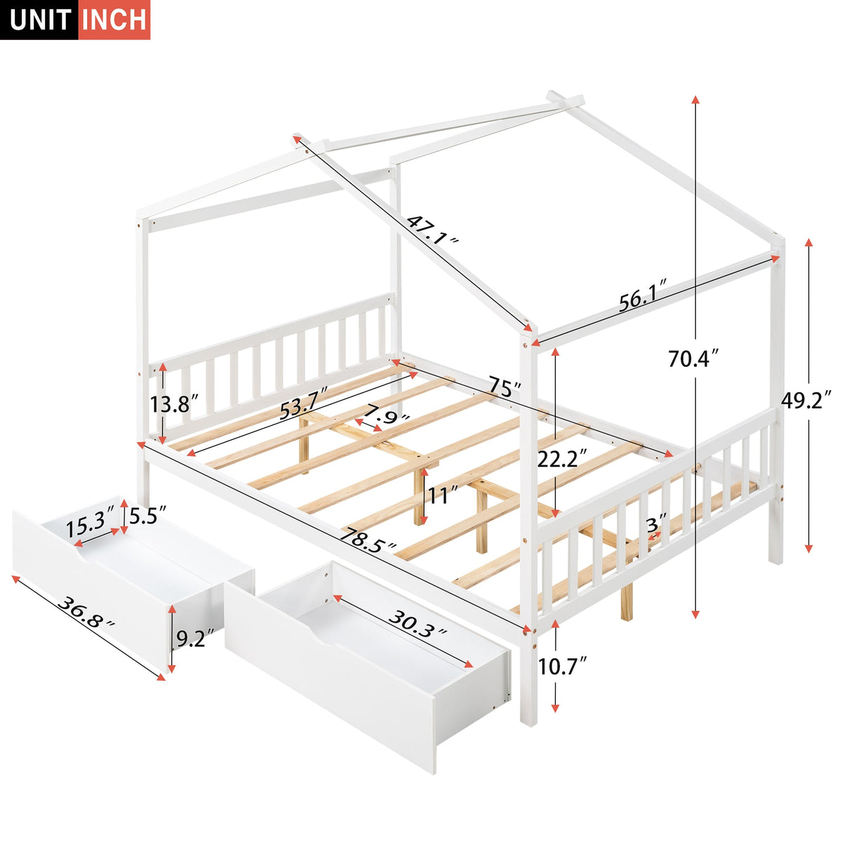 Full Size House Bed Frame with Two Under-Bed Drawers
