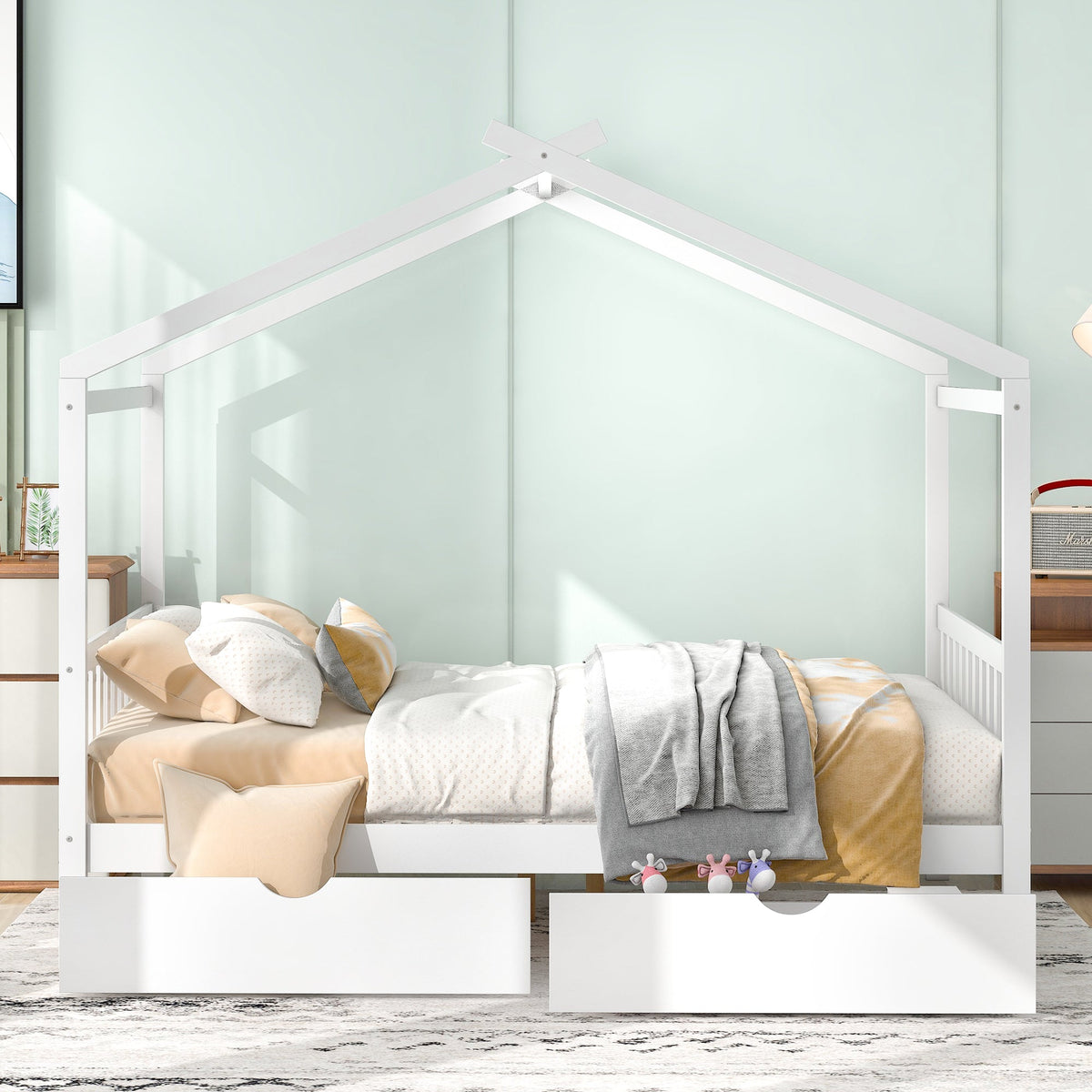 Full Size House Bed Frame with Two Under-Bed Drawers