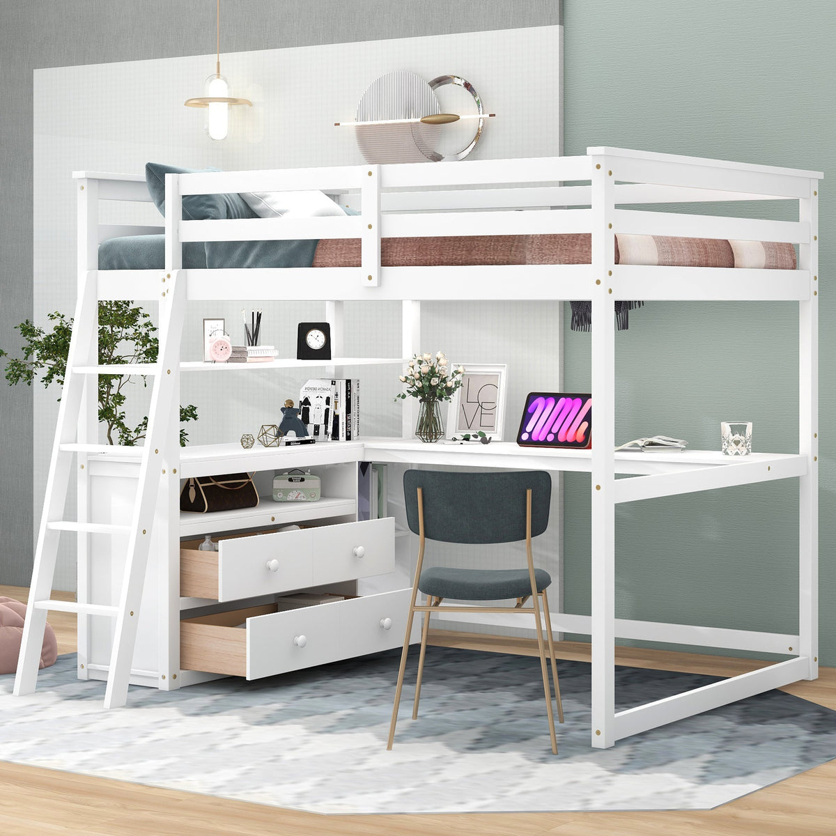 Full Size Loft Bed with Desk and Built-In Drawers