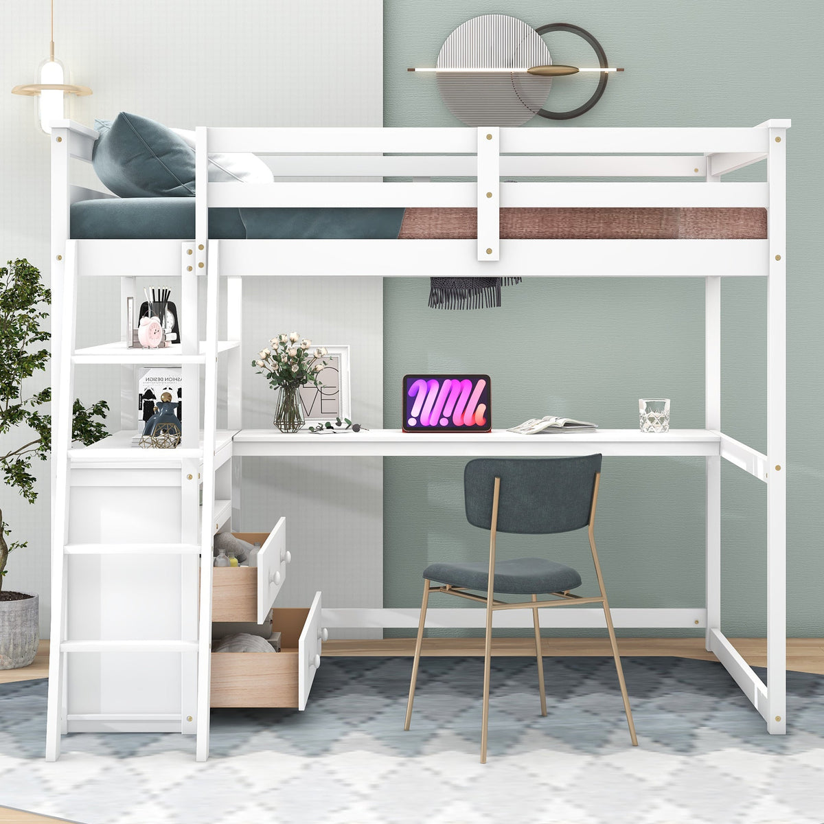 Full Size Loft Bed with Desk and Built-In Drawers