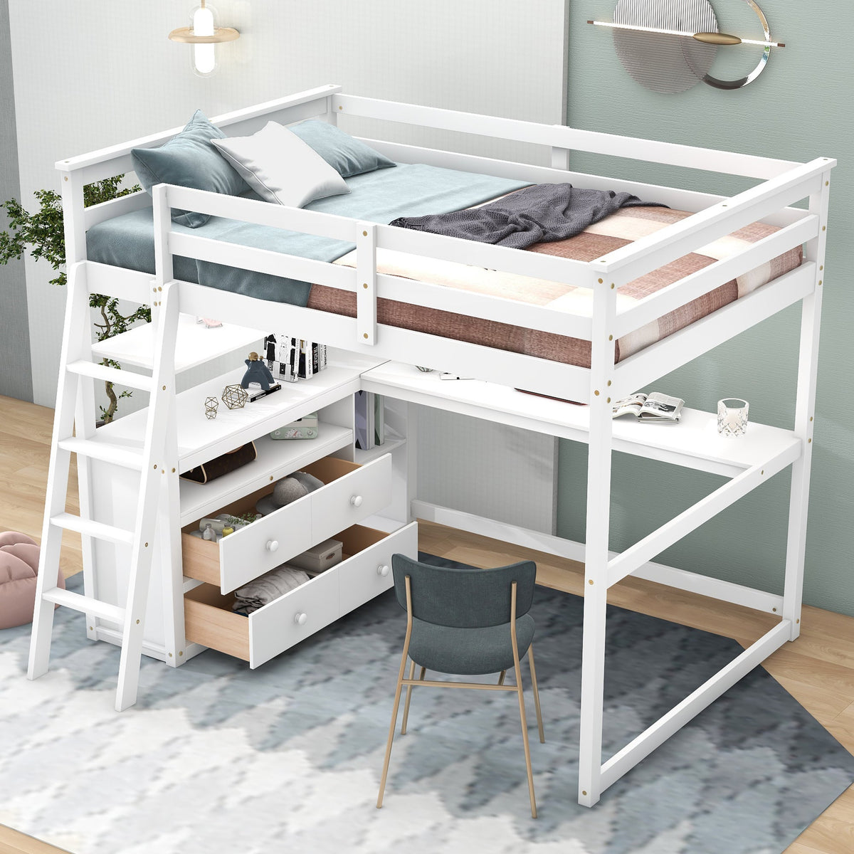Full Size Loft Bed with Desk and Built-In Drawers