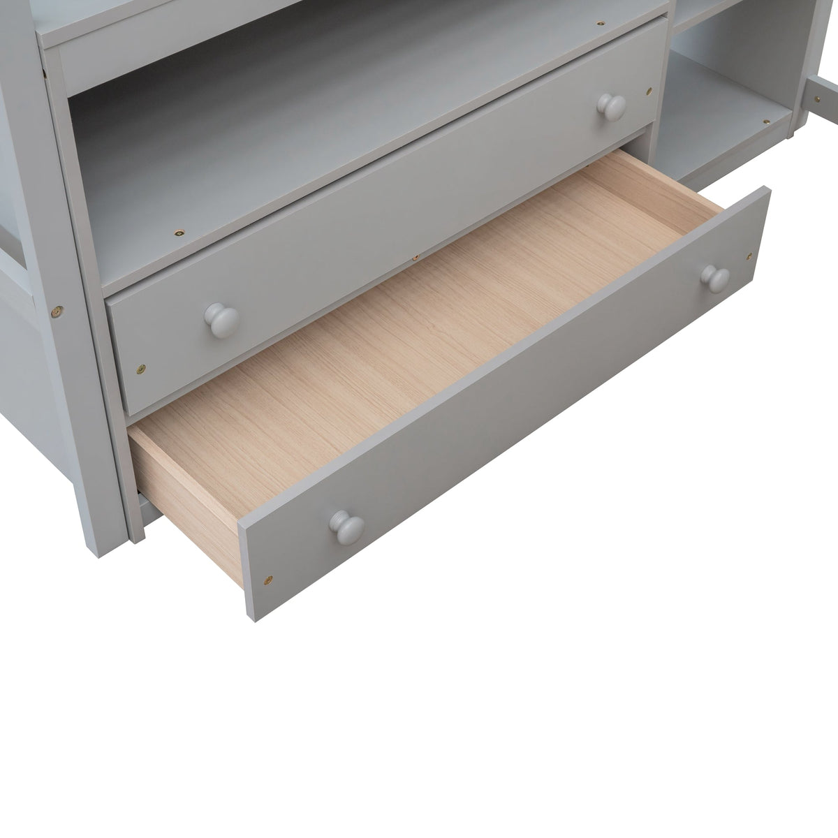 Full Size Loft Bed with Desk and Two Drawers in Gray