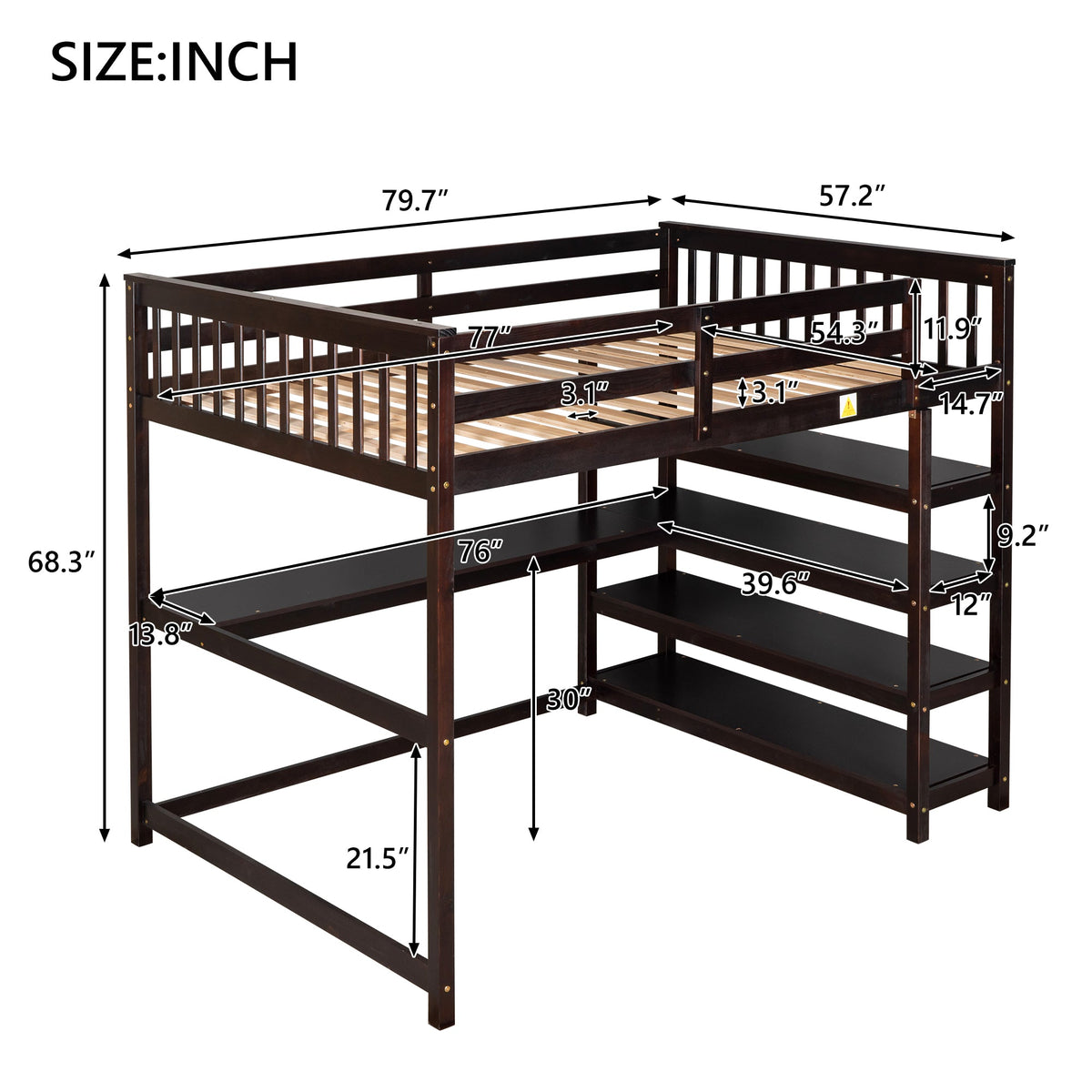 Full Size Loft Bed with Under-Bed Desk and Shelves