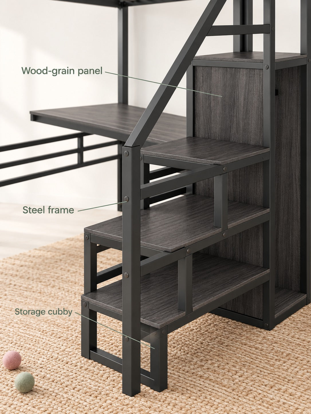 Full Size Metal Loft Bed with Desk and Storage Stairs