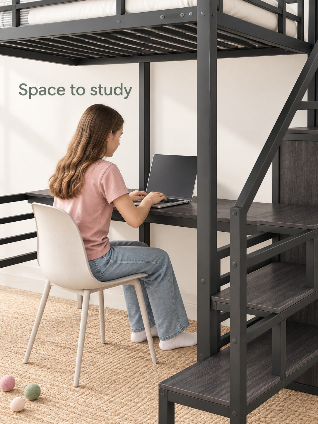 Full Size Metal Loft Bed with Desk and Storage Stairs