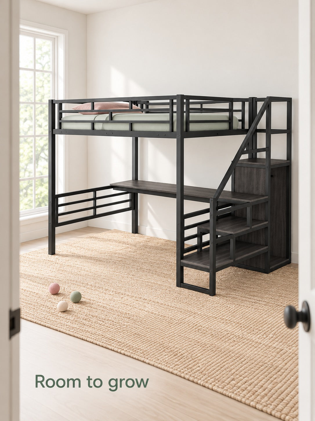 Full Size Metal Loft Bed with Desk and Storage Stairs
