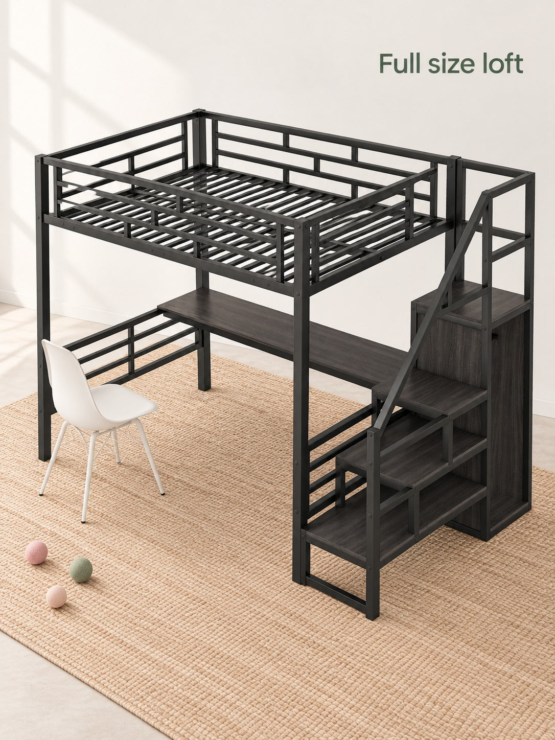 Full Size Metal Loft Bed with Desk and Storage Stairs