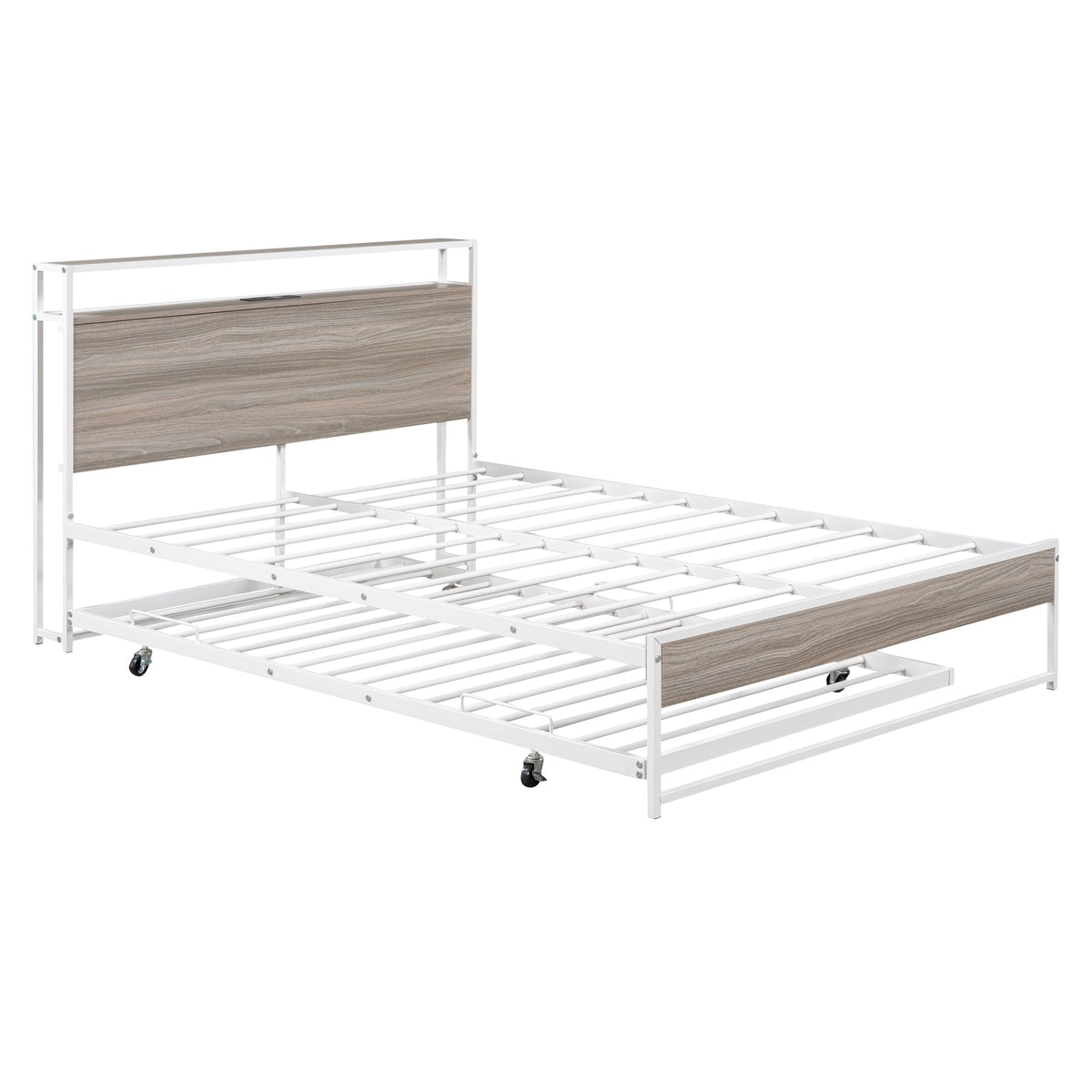 Full Size Metal Platform Bed with Trundle and USB Ports