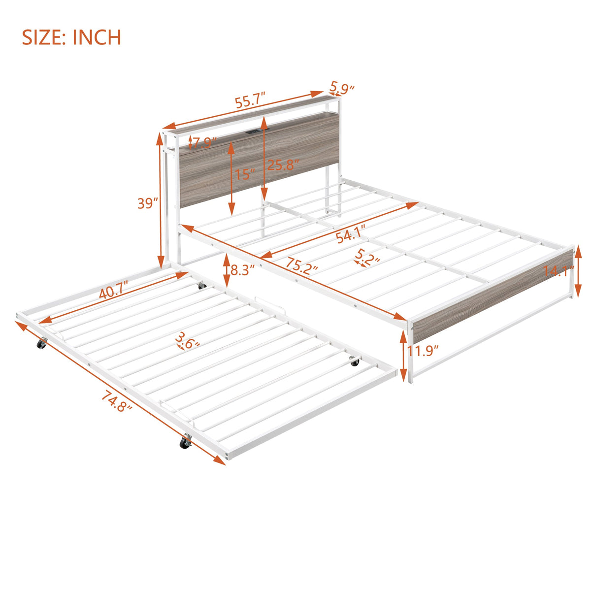 Full Size Metal Platform Bed with Trundle and USB Ports